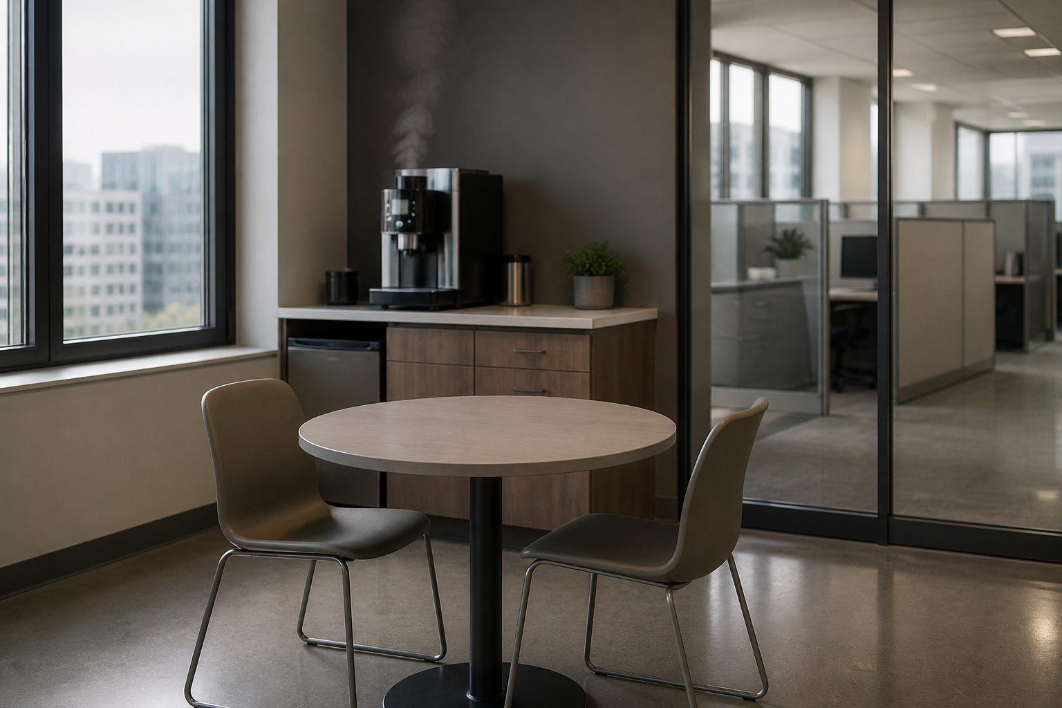 feeling lonely at work — an empty office break room at midday