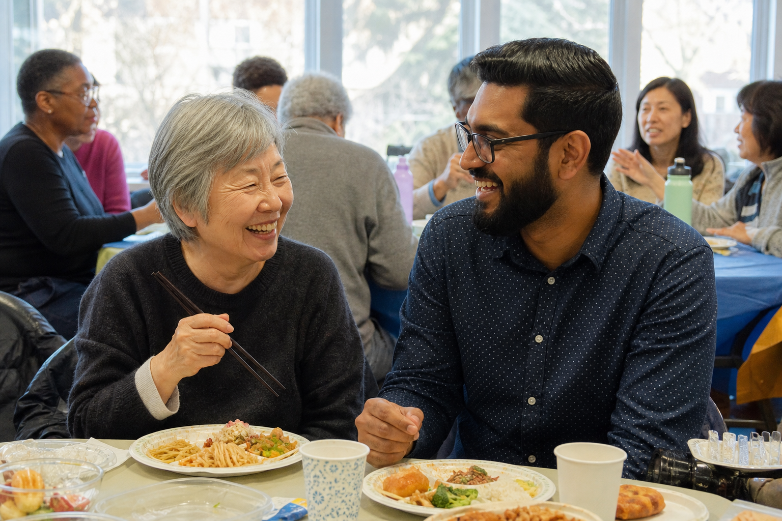 loneliness as an immigrant — an older East Asian woman and a younger South Asian man connecting at a community potluck