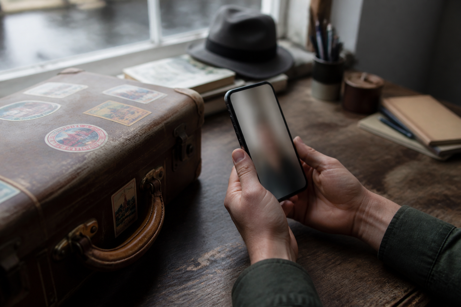 loneliness as an immigrant — hands holding a phone during a video call home, beside a well-traveled suitcase