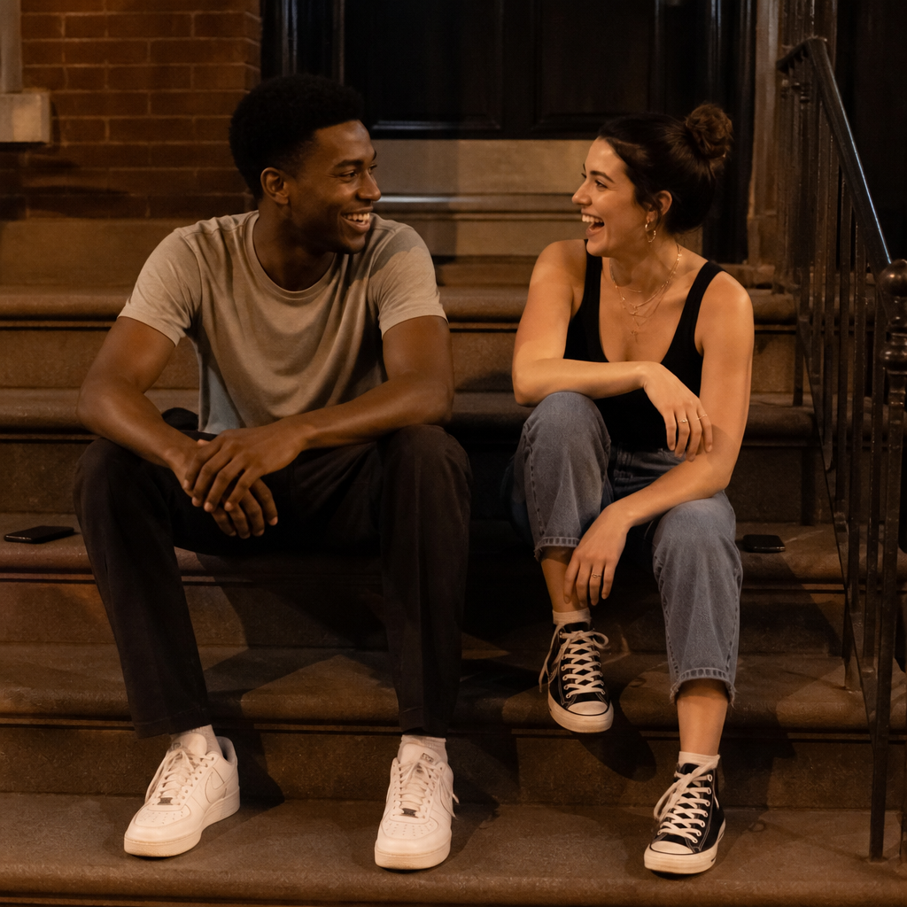 are young people lonelier than old people — two young adults talking together on a city apartment stoop in the evening, phones put away