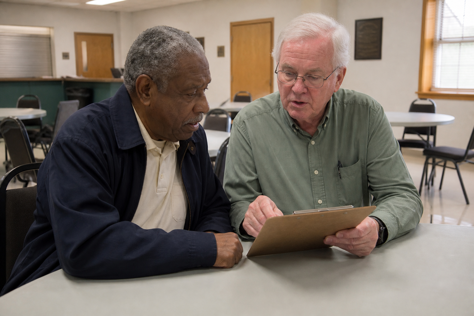 Loneliness among lgbtq elders — two older men, one Black one white, talking together at a community center table
