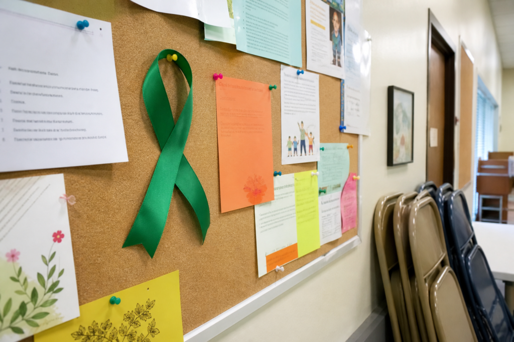 world mental health day loneliness — a green awareness ribbon pinned to a community center bulletin board