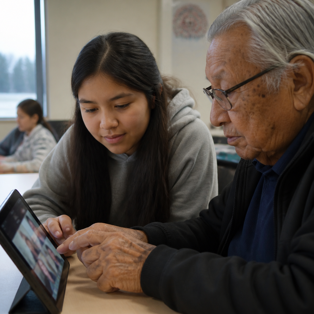 technology and loneliness — grandfather and granddaughter's hands together on a tablet during a video call at a senior center
