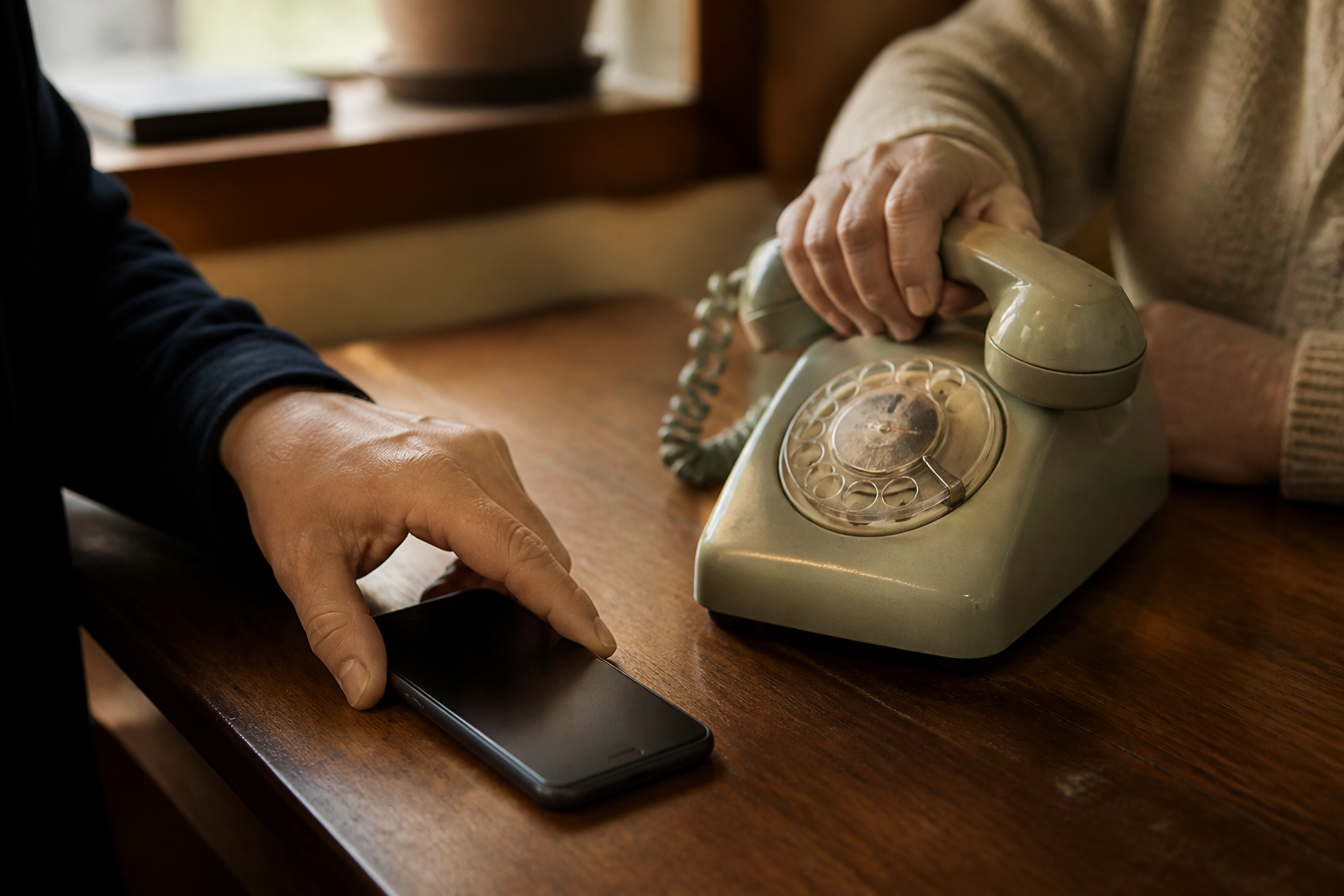 can ai companions make loneliness worse — close-up of hands turning a phone face-down to pick up a telephone receiver instead