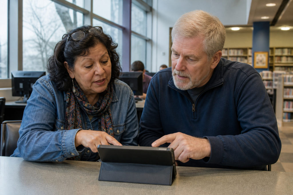 can ai companions make loneliness worse — two people talking together at a library, not alone with a screen
