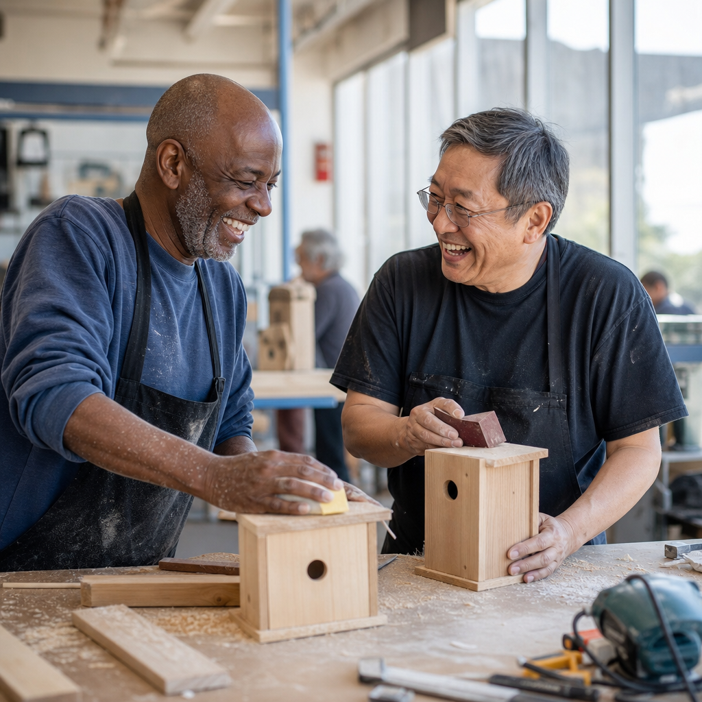 how to deal with loneliness as a man — two men in their 60s laughing together while working on a project at a community workshop table