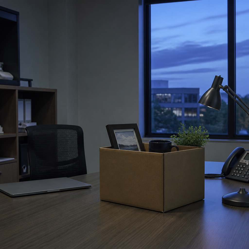 job loss and loneliness — a desk cleared out, belongings boxed, at dusk