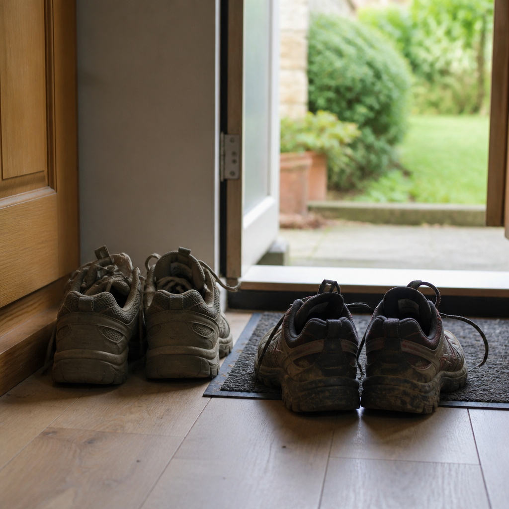 loneliness swings and heart risk — one pair of shoes freshly muddy and one dusty and unused by a front door, showing how social activity comes and goes
