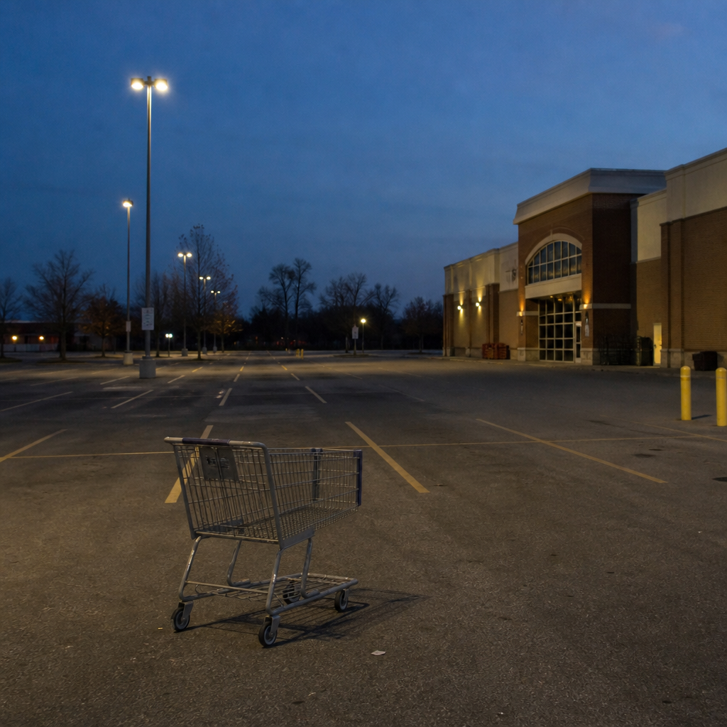 loneliness when the clocks fall back — an empty parking lot with streetlights switching on at 5:30pm dusk