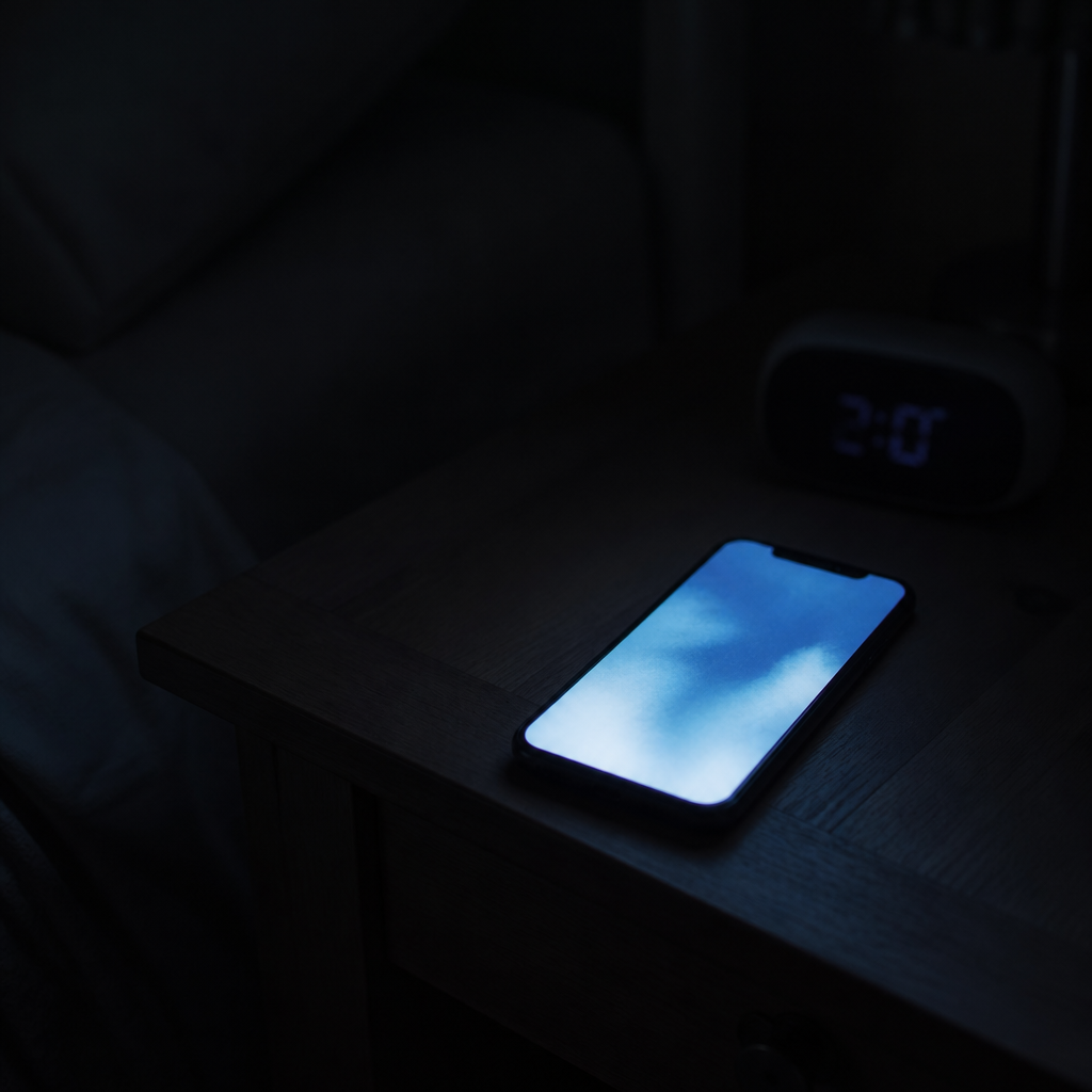 lonely at 2am — a phone screen glowing on a nightstand in a dark bedroom late at night