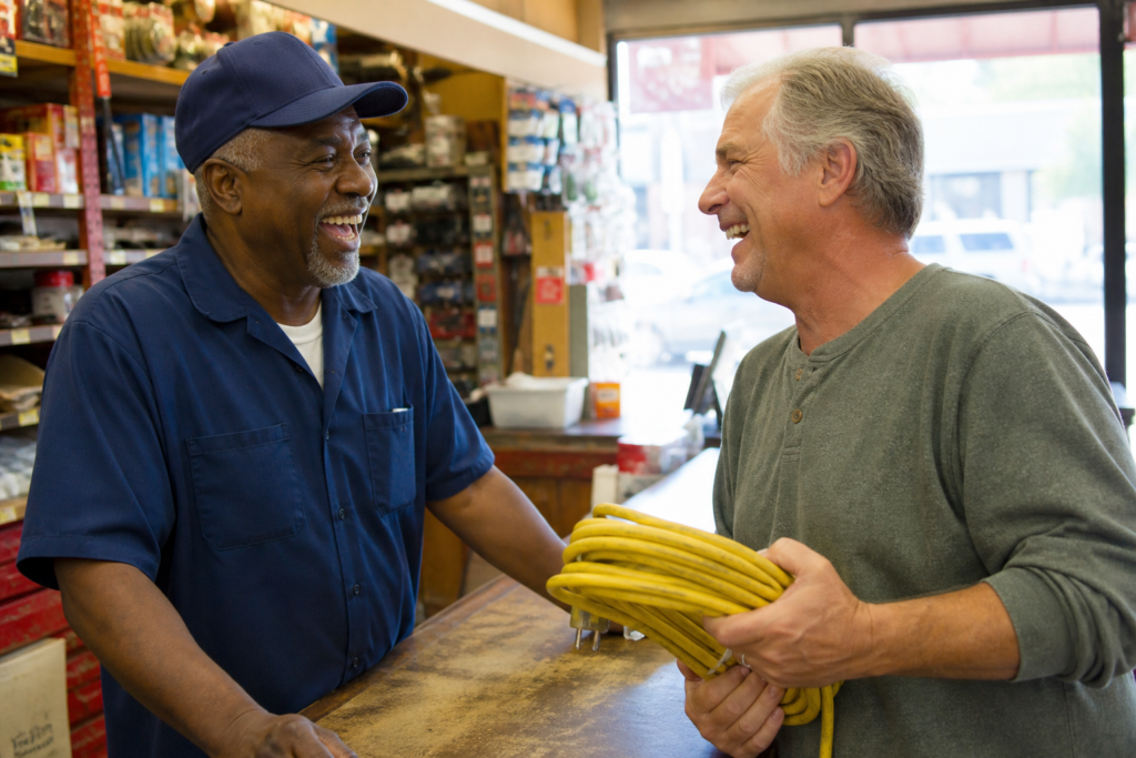 myths about loneliness — two men laughing together at a hardware store counter