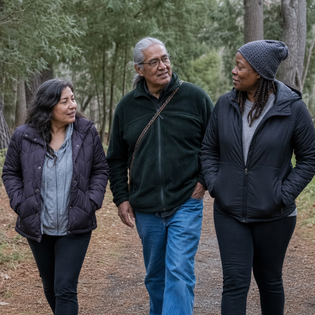 nature activities for loneliness — three people walking and talking together on a wooded park trail