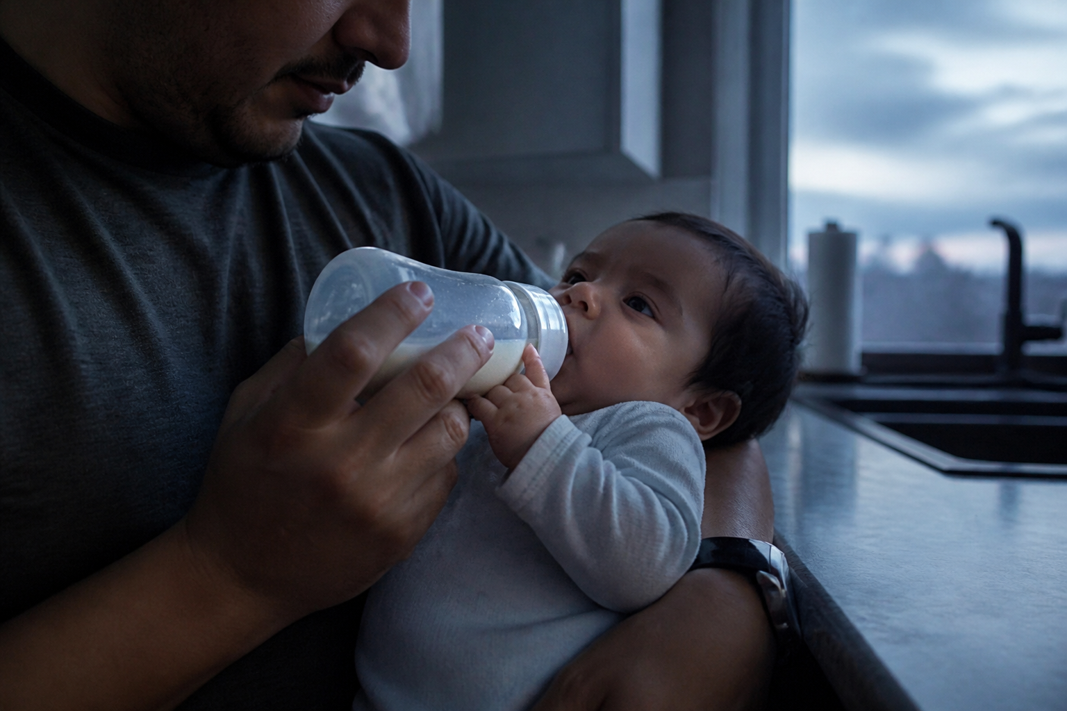 parenthood loneliness statistics — a father's hands feeding his infant alone before sunrise