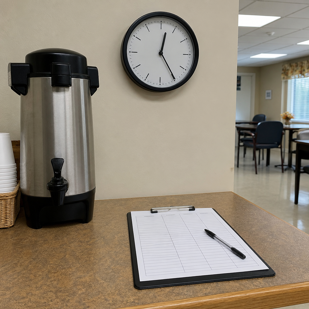 senior companion program — volunteer sign-in clipboard and coffee urn in a senior center common room