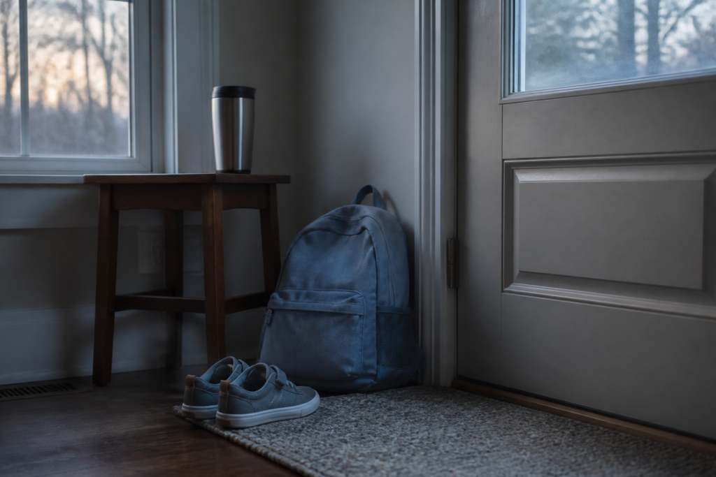single parent loneliness — a child's backpack and one travel mug by the front door at dawn