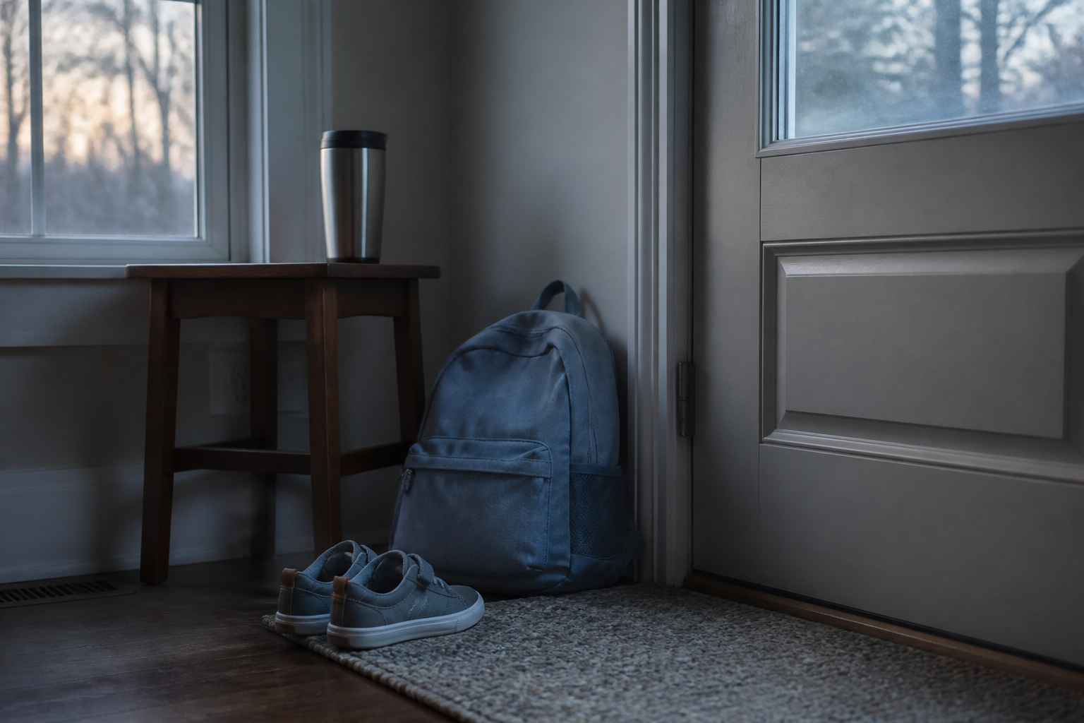 single parent loneliness — a child's backpack and one travel mug by the front door at dawn