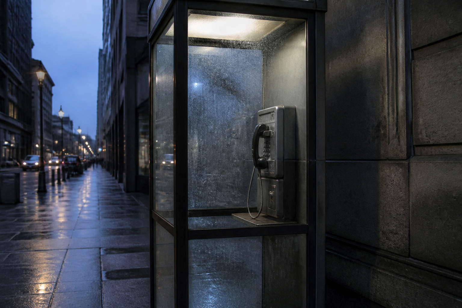 why it's hard to say you're lonely — an empty payphone booth on a city sidewalk at dusk, receiver still on the hook