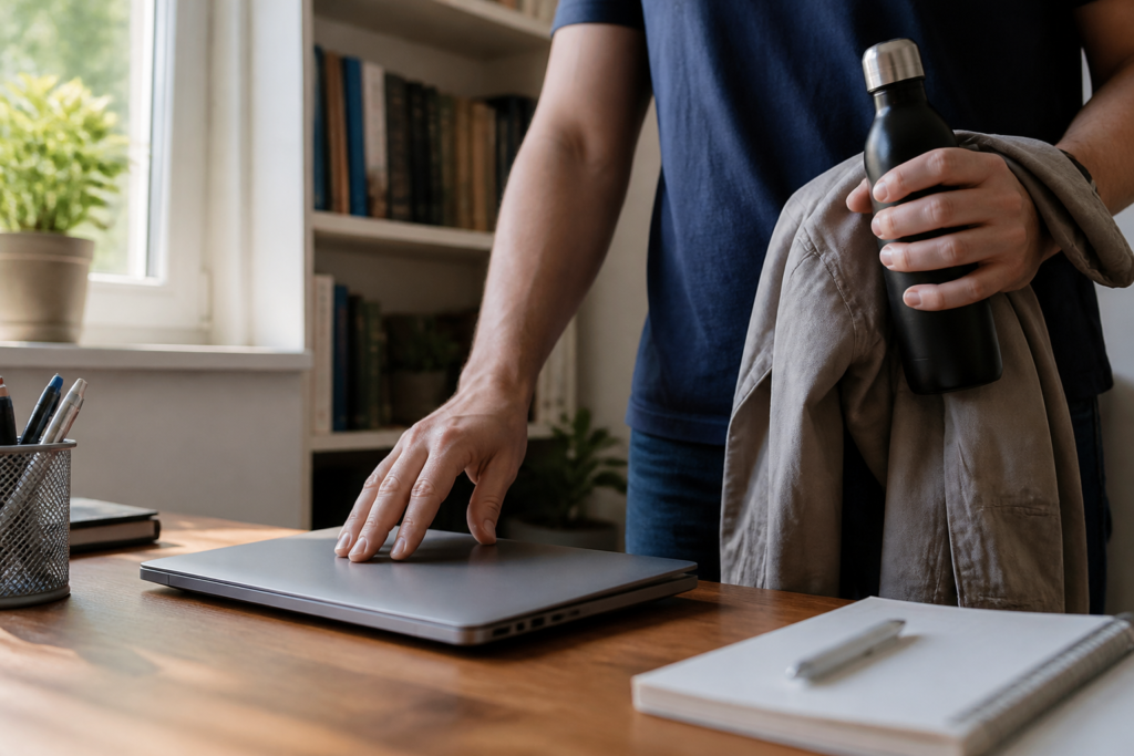 work from home loneliness — close-up of hands closing a laptop and picking up a jacket to take a break